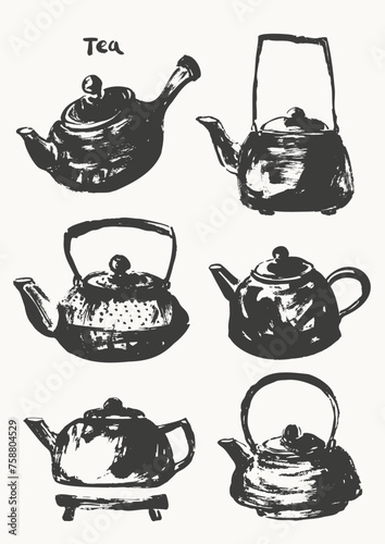 Hand drawn black ink teapot sketch set traditional japanese sumi-e style.