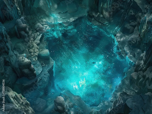 Aerial view of a Underground River Cave: Visualize exploring a vast underground cave system with a crystal-clear river running through it, stalactites and stalagmites, and bioluminescent creatures 