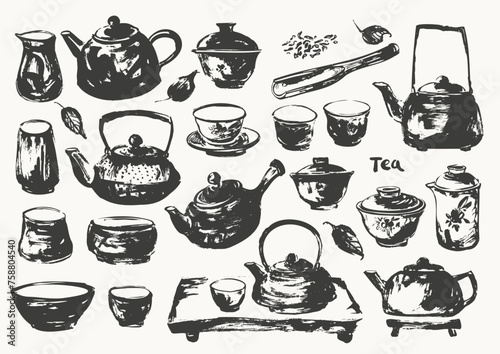 Hand drawn ink sketch of teapots, tea cups, tray, scoop, leaves traditional japanese sumi-e style.