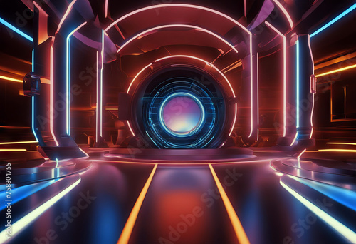 3d render neon light abstract background round portal rings circles virtual reality ultraviolet spectrum laser show fashion podium stage floor reflection stock photo