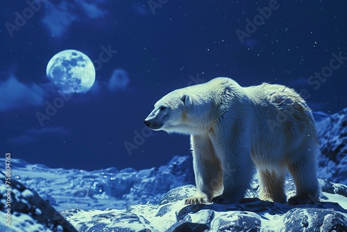 polar bear at the north pole wandering at night