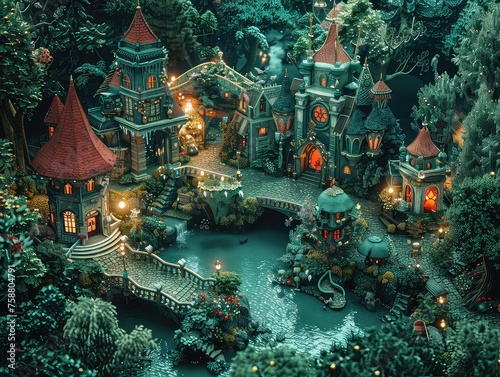 Aerial view of a Timeless Wonderland: Visualize a whimsical wonderland where time stands still, with curious creatures, magical landscapes, and endless adventures