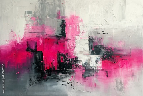 Abstract Pink and Black Painting, grey background