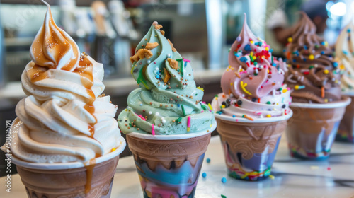 Various colorful ice cream flavors such as salted caramel, mint chocolate chip and birthday cake. A large assortment of homemade Italian ice cream on the table. Copy space