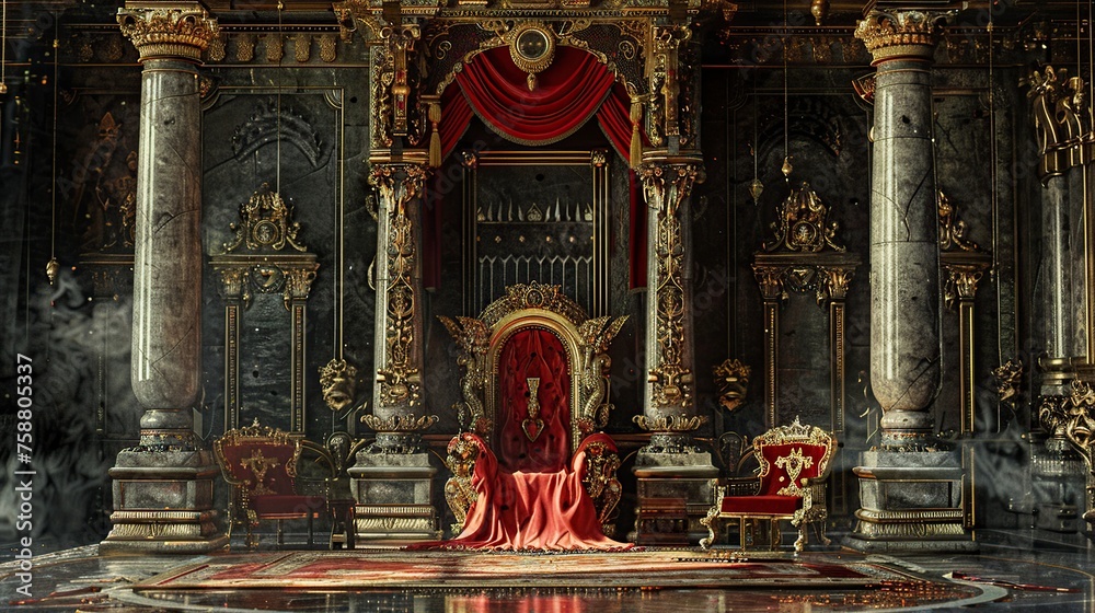 highly decorated empty throne in the castle hall