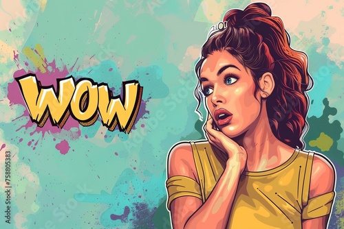 woman looking at the side text, wow, comic style with a lot of color