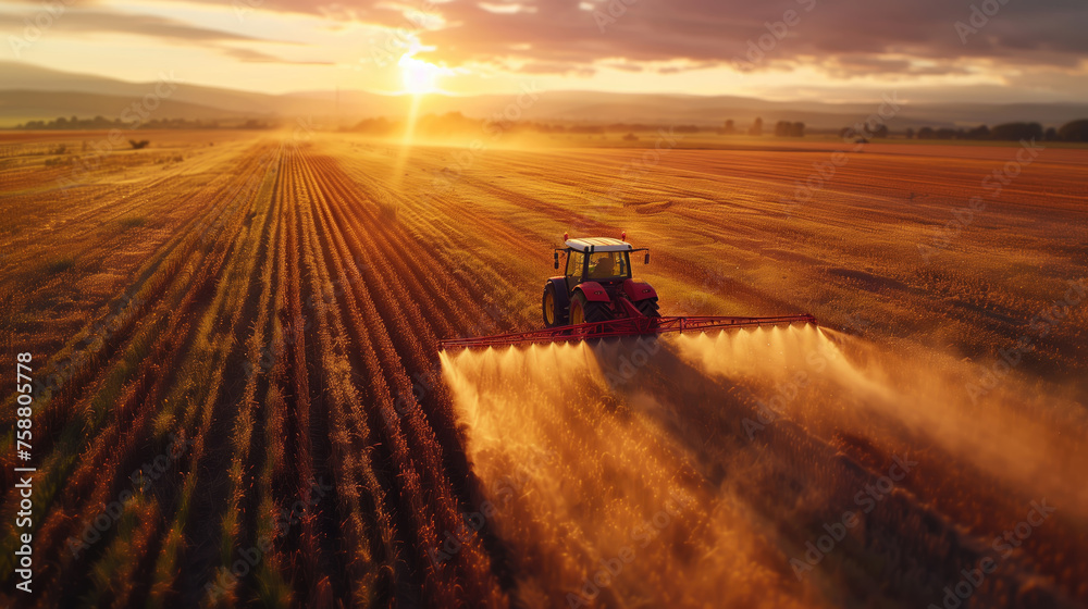 Fototapeta premium The wheat harvester is working on the field. Agricultural combine harvester machine harvests a field of golden ripe wheat. Agriculture, natural products.