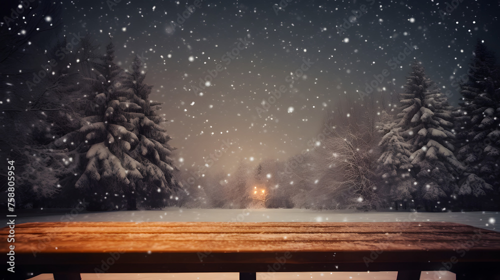 Empty wooden table in front of Christmas tree in snowfall background