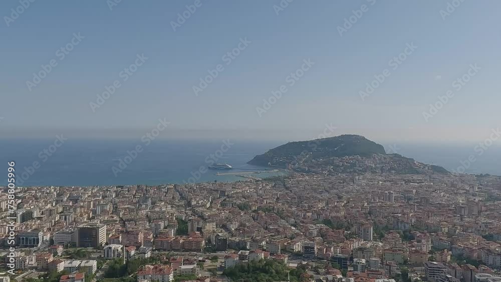 Top view of Turkish cities, view from the mountain to the beach, sea and city Top view of Turkish cities, view from the mountain to the beach, sea and city