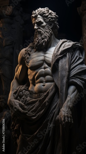 Mysterious ancient greek, roman male stoic statue, sculpture in dramatic lighting, shadows highlighting the impressive muscular build and classical beauty.  © Merilno