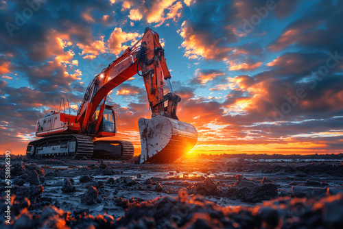 An excavator performs excavation work in a sand quarry against the backdrop of the sunset sky. photo