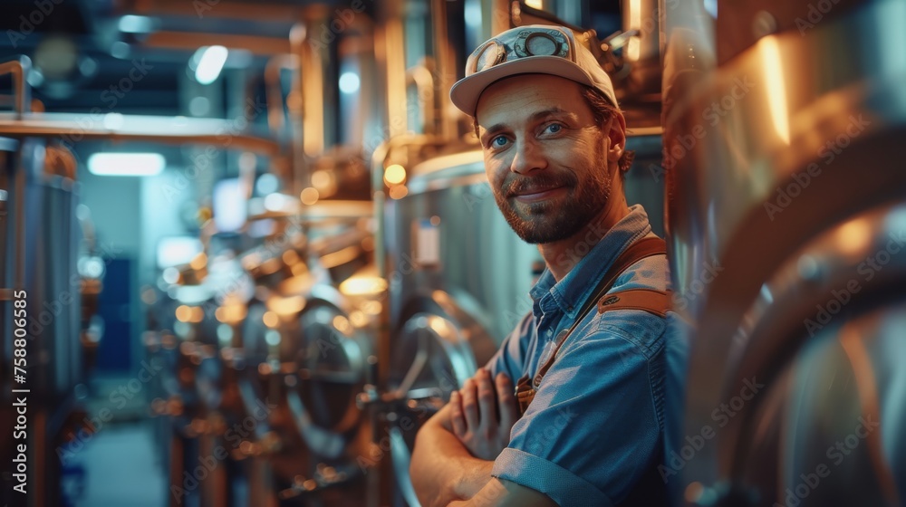 Professional brewer at work in craft beer brewery with stainless steel tanks Professional brewer at work in craft beer brewery with stainless steel tanks