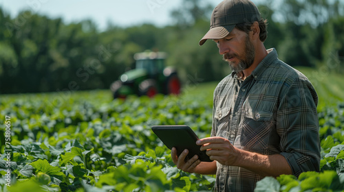A farmer uses a digital tablet computer in the field of growing natural products, the use of modern technologies in agricultural activities. photo