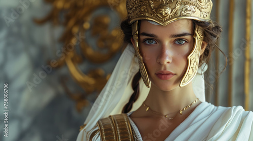 Young proud Greek queen with golden crown in a palace.