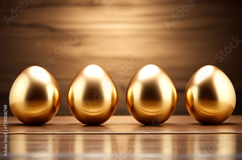 A stylish array of gold Easter eggs. Gold colored Easter eggs decorated with sequins on wooden background. Easter greeting card. . Luxury Easter holiday concept. Blank space  space for text  copy