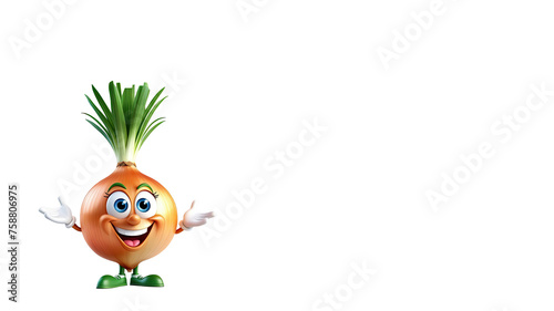3D tiny cartoon character of onion with eyes, arms, legs on white background with copy space. promote healthy kid's eating, nutrition education, children's books, fun mascot to sell vegetables