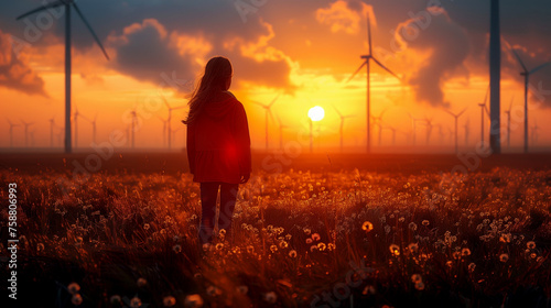 Girl looking at the windmill field at sunset. Concept of renewable energy, love of nature, family, electricity, greenery, future