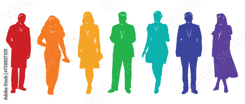 Group of people, silhouettes of men and women, passers-by, ladies and gentlemen, office workers, businessmen, business people. Colorful vector illustration.	
