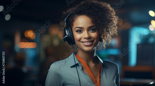 young afro-american woman with a blue blouse wearing a headset in an office possibly working in customer service or at a video conference