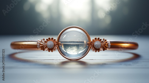 Luxury jewelry concept. Beautiful ring with gemstones on clean podium in studio. photo