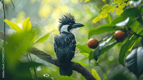 A close-up of an exquisite bird The solitary White-napped Jay (Cyanocorax cyanopogon) perches on a tree in the middle of a verdant background with space for text, Generative AI. photo