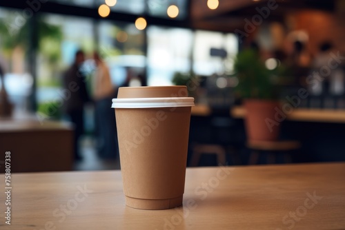 brown craft paper reusable coffee cup on a table in a blurred background coffee shop