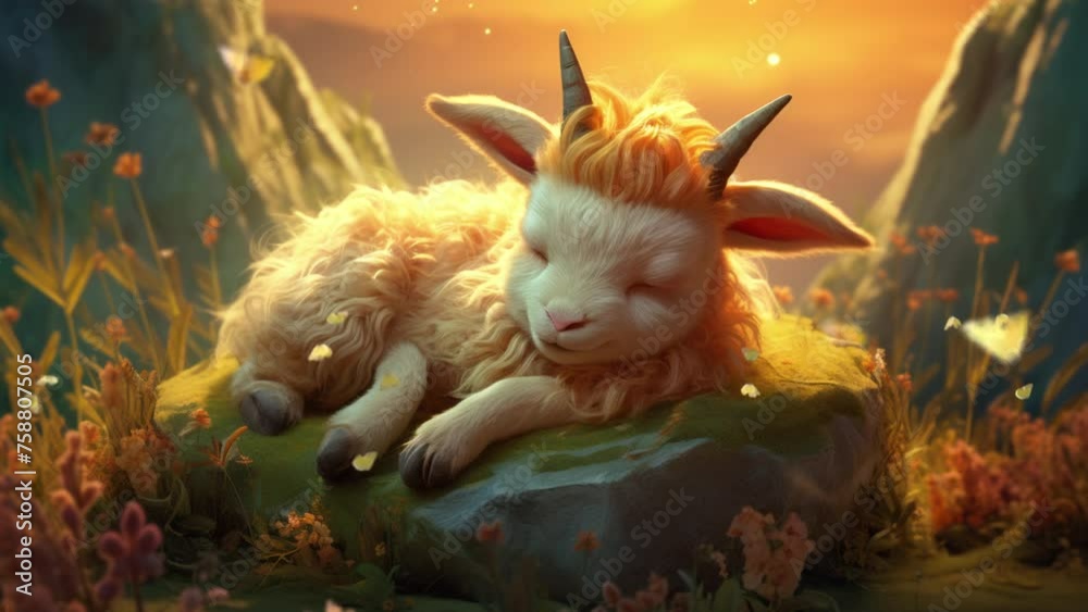 Vidéo Stock Caprine Dreamland: Cute Fluffy Goat Snoozing in the Majesty ...