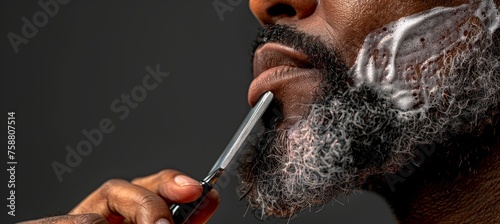 Barber s precision close up of confident razor grip on cheek, against luxury moody background