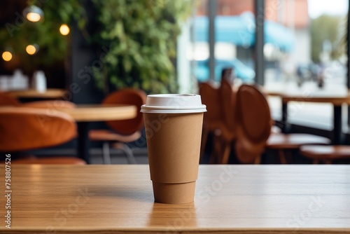 A coffee-to-go paper cup on a table in a blurred background coffee shop cafe