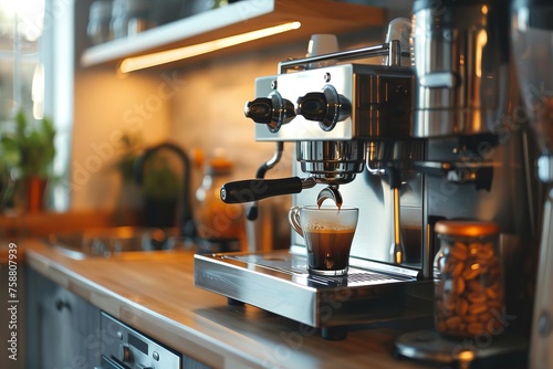 Espresso machine brewing fresh coffee in a modern kitchen setting