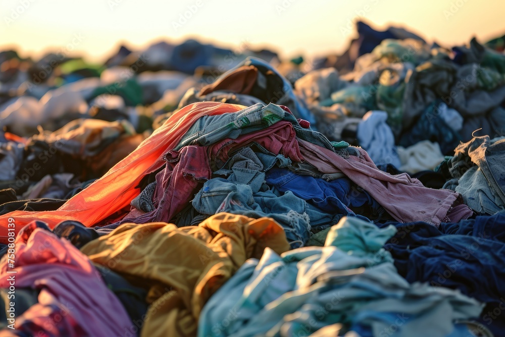 Heap of clothes tossed to a landfill. Fast fashion environmental impact and pollution concepts.