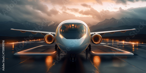 Concept of fast travel, holidays and business. Futuristic Private Jet Airplane parked on the ramp and waits for its passengers. photo