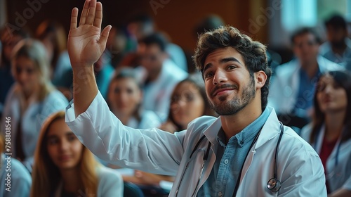 A confident male medical student raised hand among whole class with a blurry backdrop and a big space for text or product, Generative AI.