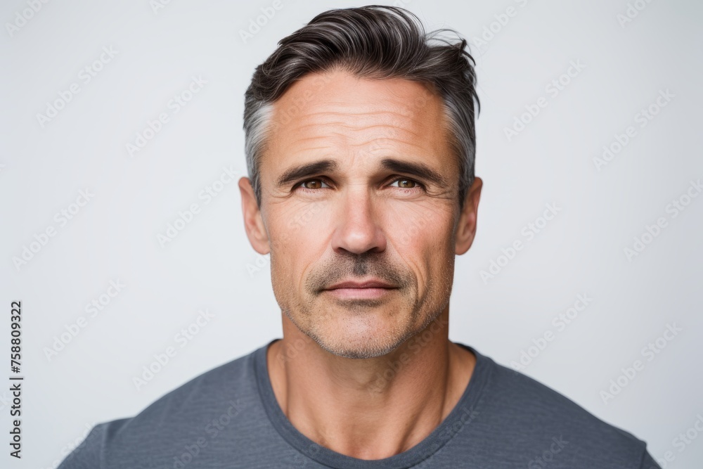 Portrait of handsome mature man in grey t-shirt, isolated on grey background Portrait of handsome mature man in grey t-shirt, isolated on grey background