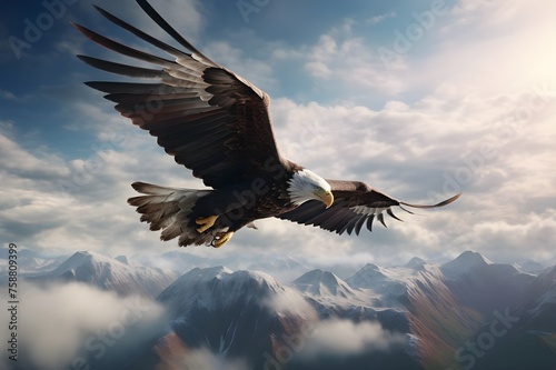 A majestic eagle soaring through a cloud-filled sky, symbolizing freedom and strength. 