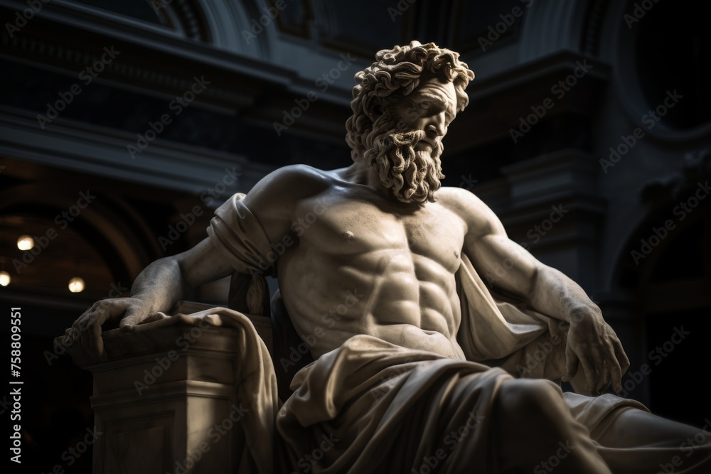 Mysterious ancient greek, roman male stoic statue, sculpture in dramatic lighting, shadows highlighting the impressive muscular build and classical beauty. 