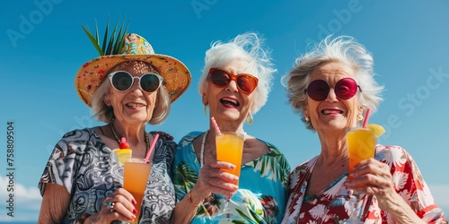 happy senior lady friends on a vacation having a blast while drinking colorful tropical drinks