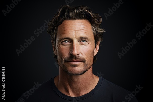 Portrait of a handsome middle aged man over black background. Men's beauty, fashion.