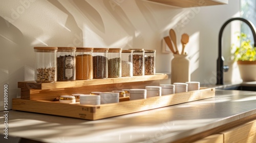 Well-organized spice rack with various seasonings catching sunlight in a modern kitchen photo