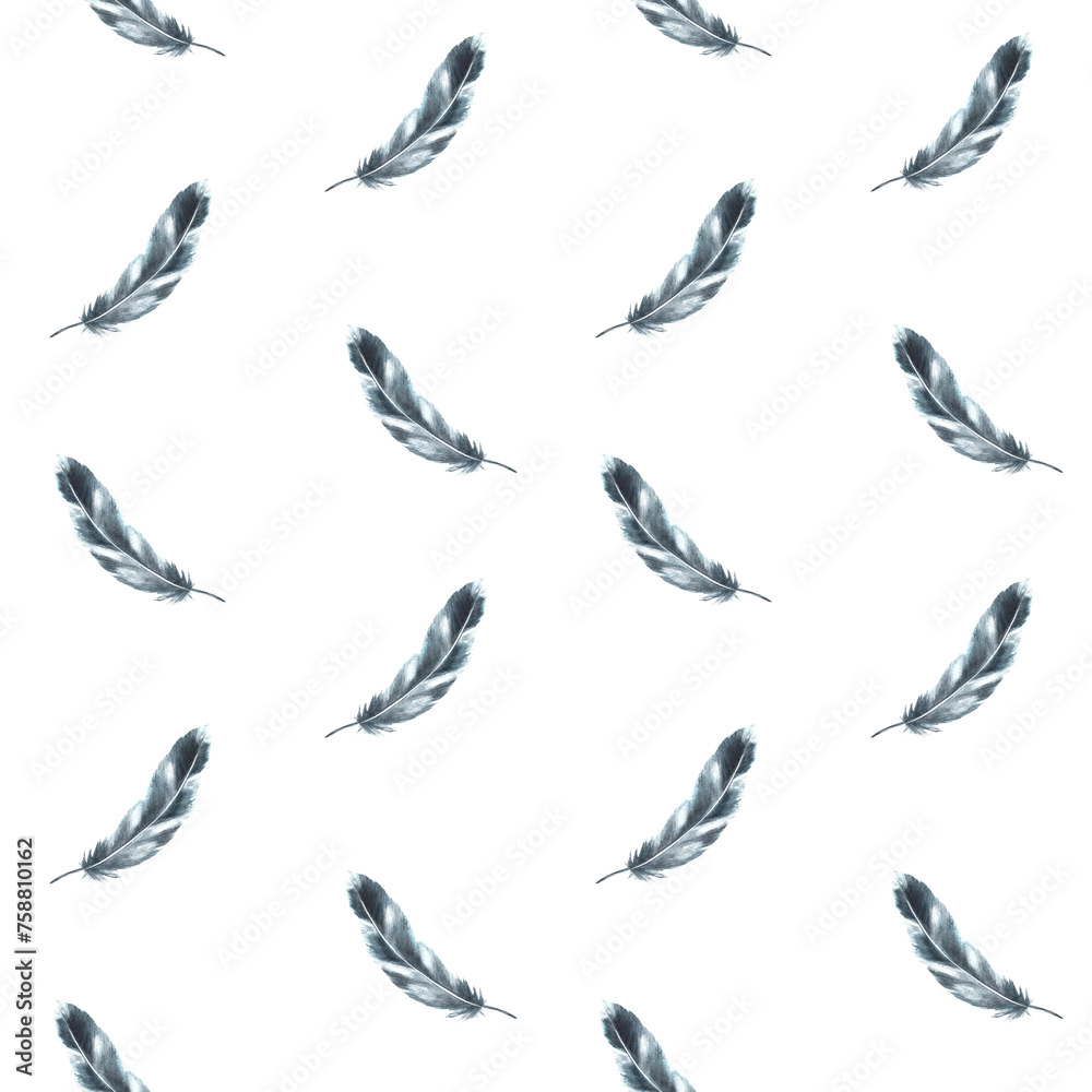 Fototapeta premium Watercolor seamless pattern with monochrome bird feather grey black color with granulation of shades, ornaments. Quills wings drawing illustration. Wallpaper wrapping fabric Isolated white background