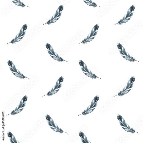 Watercolor seamless pattern with monochrome bird feather grey black color with granulation of shades, ornaments. Quills wings drawing illustration. Wallpaper wrapping fabric Isolated white background photo