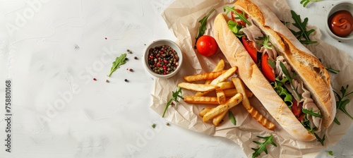 Top view of classic sandwich and fries on wooden table with copy space for text placement above view
