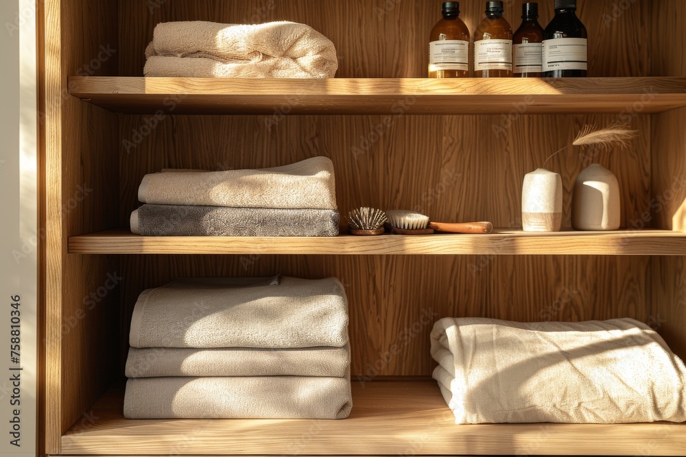 Warm sunlight bathes a neat wooden cabinet with towels and bath accessories Warm sunlight bathes a neat wooden cabinet with towels and bath accessories