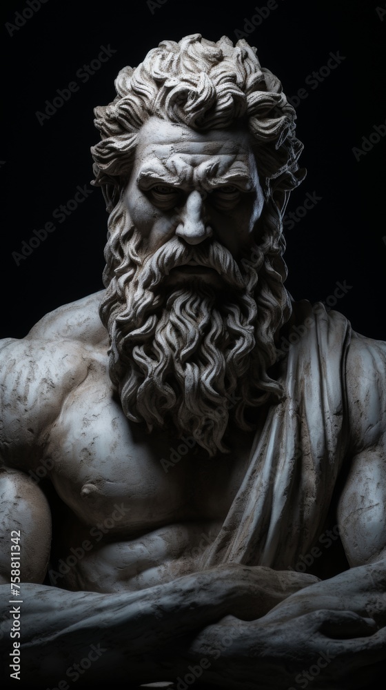 Mysterious ancient greek, roman male stoic statue, sculpture in dramatic lighting, shadows highlighting the impressive muscular build and classical beauty. 