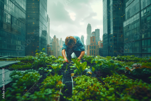 Middle-aged man cultivating in his urban garden with skyscrapers in the background