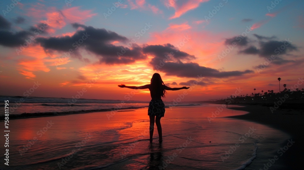 A beach sunset, a smiling model girl's silhouette against the colorful sky.