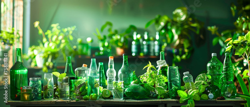 A green table with many green bottles and plants. Recycling and sustainable brand concept