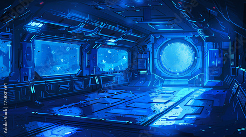 宇宙船の船内 青く輝くサイバーテックな光