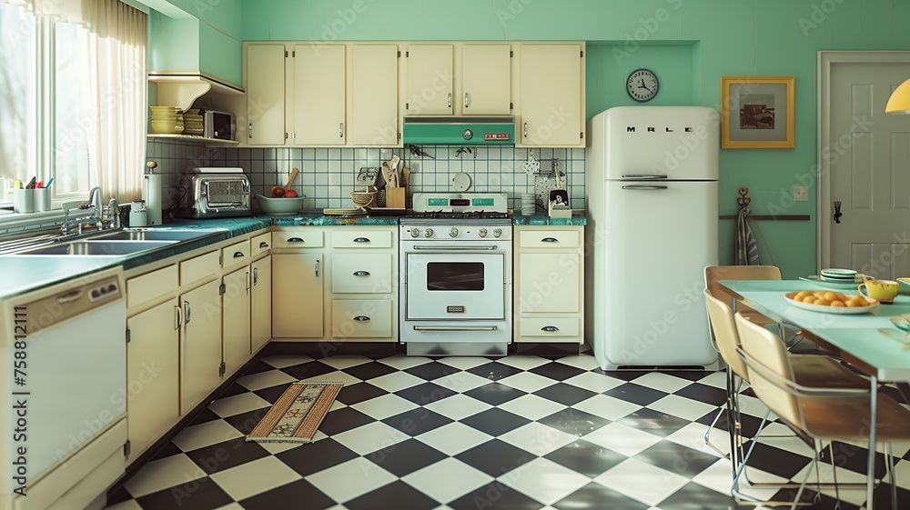 This interior design photo showcases a vintage kitchen in mid-century ...