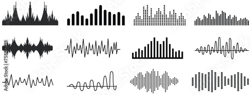 Sound wave icon, podcast player interface, music symbol, sound wave, loading progress bar and buttons. photo